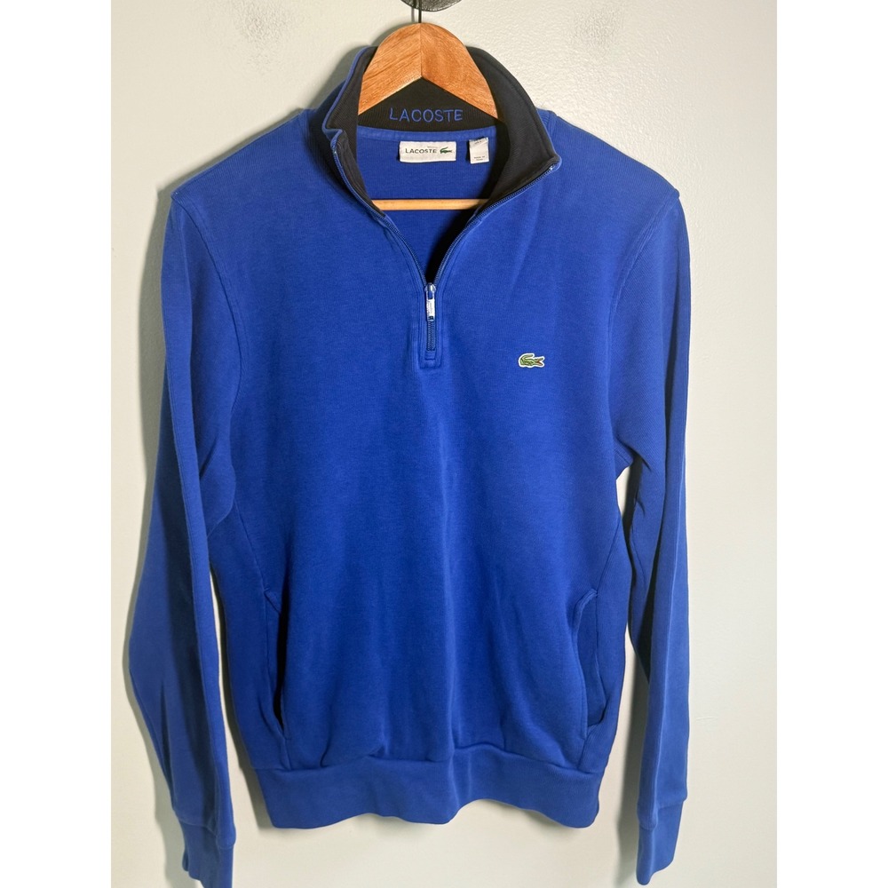 Lacoste Mens Quarter Zip Pullover Sweatshirt Royal Blue Embroidered Logo Large